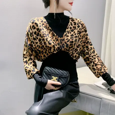 撞色豹纹拼接上衣2023秋季新款半高领T恤女长袖性感外穿打底衫ins商品大图