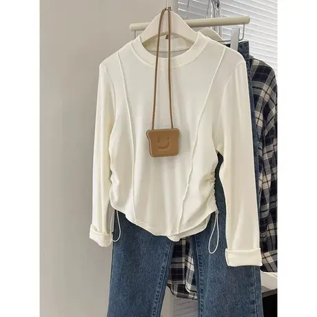 褶皱长袖T恤女2023秋季新款修身显瘦不规则下摆内搭打底衫上衣服商品大图