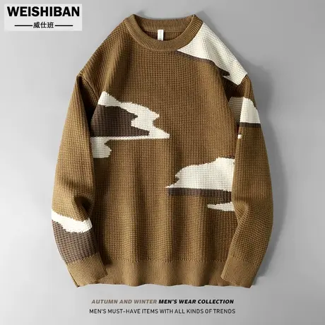 秋冬季男士华夫格针织毛衣男奶牛纹撞色套头慵懒风青年宽松毛线衣商品大图