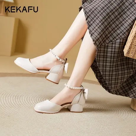珂卡芙法式包头凉鞋女夏季2023年新款珍珠一字带高跟鞋粗跟单鞋女图片