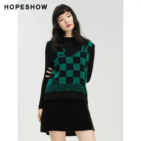 红袖outlets设计感棋盘格两件套hopeshow2023冬款针织马甲背心女商品大图