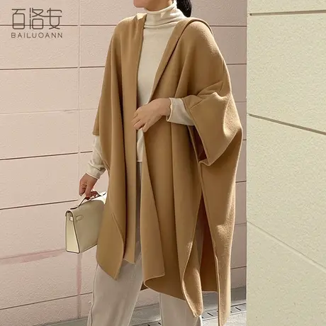 百洛安大码宽松披风式针织开衫女秋冬新款设计感小众连帽毛衣外套图片