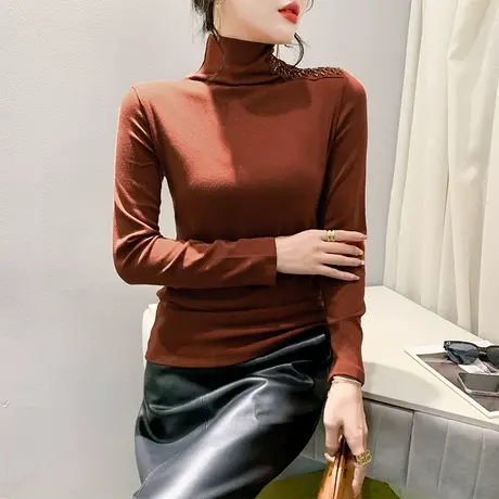 复古欧货烫钻钉珠拼接上衣时尚高领加厚T恤女长袖气质修身打底衫商品大图