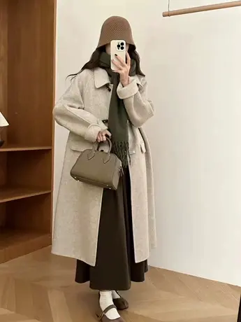 韩版小众高级感灰色长毛感双面呢羊绒大衣小众极简秋冬新款外套女图片