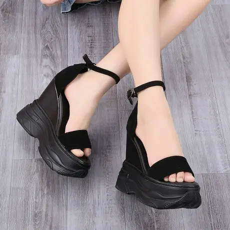 恨天高14CM坡跟凉鞋女夏2023新款真皮厚底内增高法式一字带高跟鞋商品大图