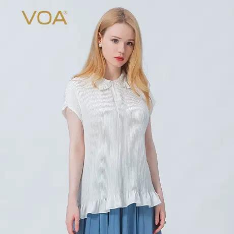 VOA真丝提花象牙白竖纹褶皱娃娃领两粒扣荷叶边包肩袖桑蚕丝T恤图片