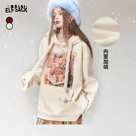 妖精的口袋红色连帽加绒套头卫衣女2023冬季新款长袖小个子上衣图片