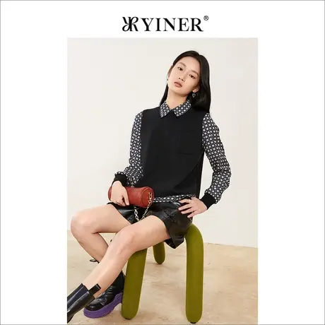 YINER音儿奥莱女装秋季羊毛拼接桑蚕丝撞色格纹衬衫商品大图