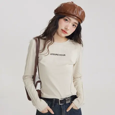 尔给植绒圆领气质修身显瘦内搭打底衫女2023新款秋冬长袖短款上衣商品大图