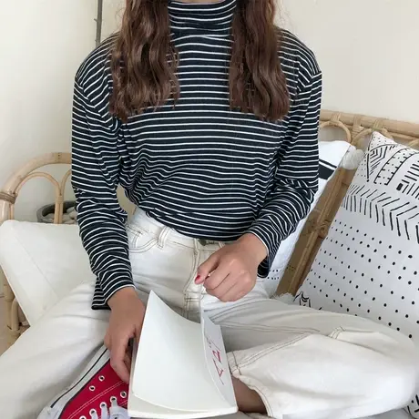 2023年春秋冬季新款高领条纹上衣洋气百搭内搭打底衫女装长袖t恤图片