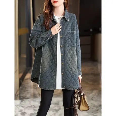 宝诗黎翻领宽松中长牛仔外套女长袖复古夹克上衣2024年春秋季新款商品大图