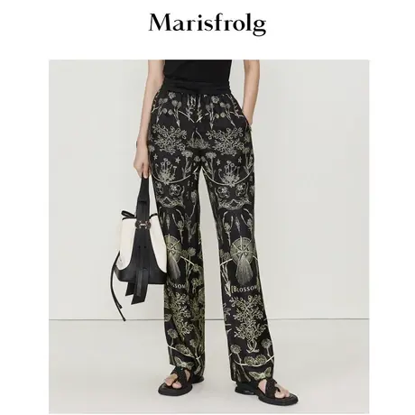 【6A级桑蚕丝】玛丝菲尔夏季新款真丝碎花黑色阔腿休闲裤女商品大图