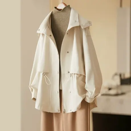 时尚气质风衣2023年秋季新款女士连帽宽松韩版通勤百搭收腰长袖商品大图