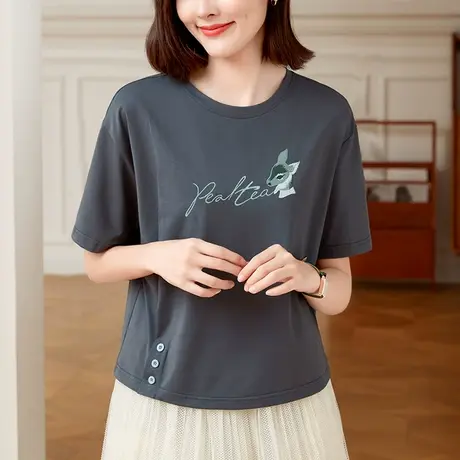 短款t恤女夏2024年新款时尚刺绣休闲上衣宽松藏肉显瘦半袖体恤衫商品大图