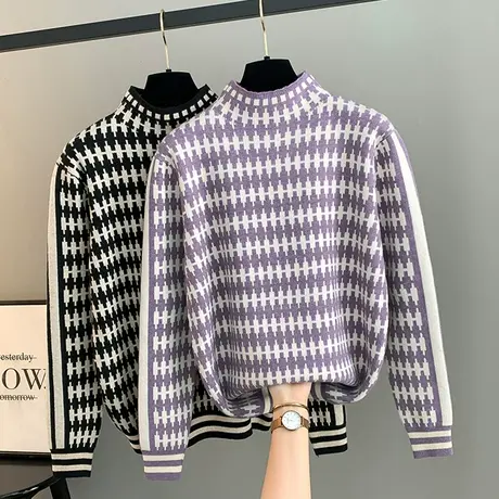 2024年春秋新款半高领打底衫女高级感加厚毛衣短款宽松撞色针织衫图片