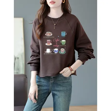 宝诗黎圆领印花棉质短款卫衣女春季长袖宽松上衣2024新款百搭女装商品大图