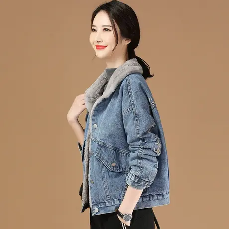 韩潮袭人毛领刺绣加绒牛仔外套女2023年冬季新款宽松加厚夹克上衣图片