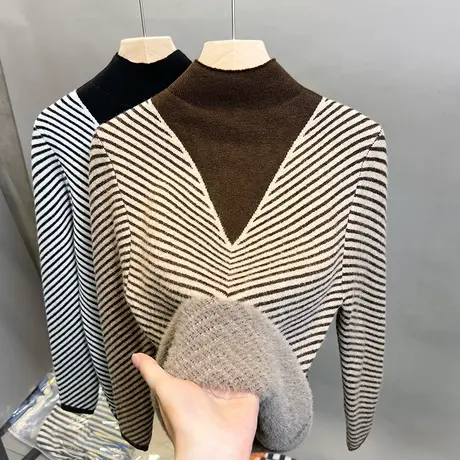 加绒半高领毛衣女一体绒打底衫2023秋冬新款内搭上衣加厚针织衫潮商品大图