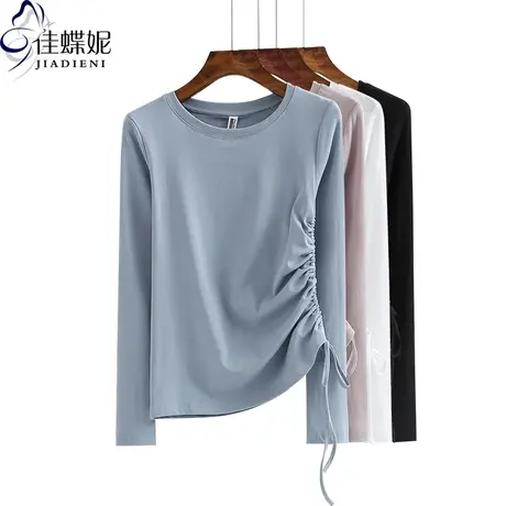 春秋新抽绳内搭纯白修身圆领长袖体恤打底衫上衣女装纯色T恤网红商品大图