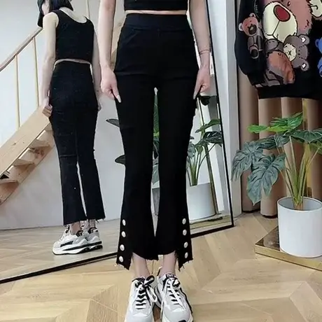 开叉牛仔裤女春装2023年新款高腰显瘦九分小个子直筒微喇叭裤子潮商品大图