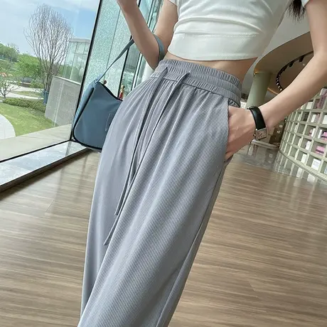 灰色冰丝运动裤女夏季薄款九分小个子高腰束脚卫裤宽松休闲防蚊裤商品大图