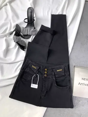 复古磨白排扣加绒牛仔小脚裤女2023冬季新款显瘦百搭高腰裤包臀裤商品大图