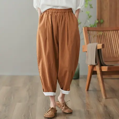 dza 高腰显瘦苎麻休闲裤女2023夏季九分阔腿裤宽松百搭棉麻哈伦裤商品大图