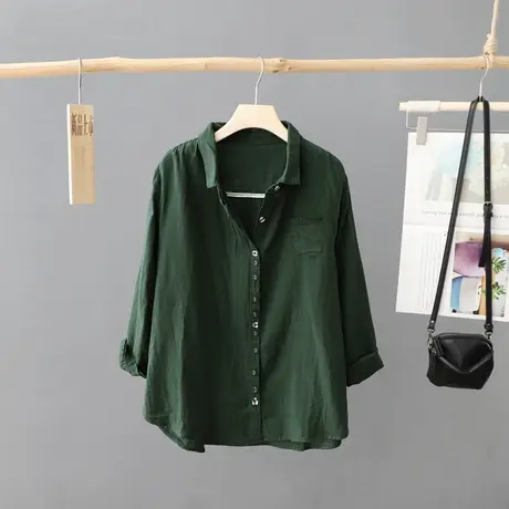 文艺复古棉质长袖白色衬衫女简约百搭休闲上衣衬衣秋装新款打底衫商品大图