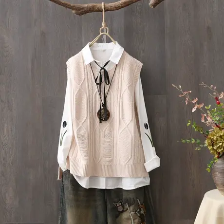 文艺范波洞针织背心女马夹宽松纯色圆领打底衫毛衣坎肩马甲针织衫图片