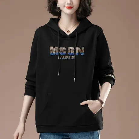 连帽卫衣女春秋加肥加大码女装宽松中年妈妈休闲百搭黑色套头上衣商品大图