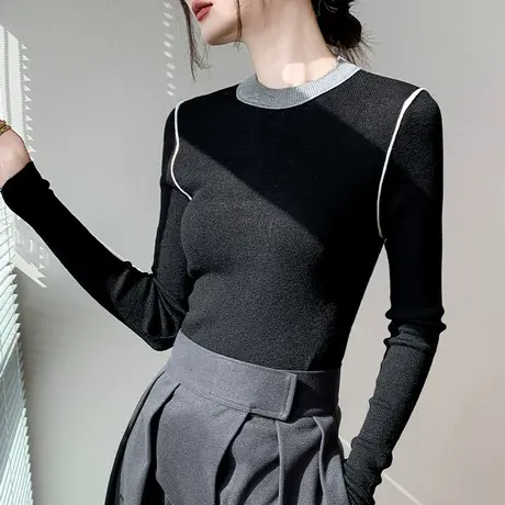 撞色拼接圆领长袖羊毛针织衫女2023秋冬新款保暖设计感小众打底衫商品大图