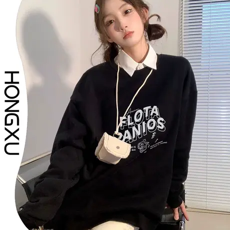 红续秋冬季新款港式复古印花卫衣女chic加厚无帽上衣长袖显瘦百搭图片