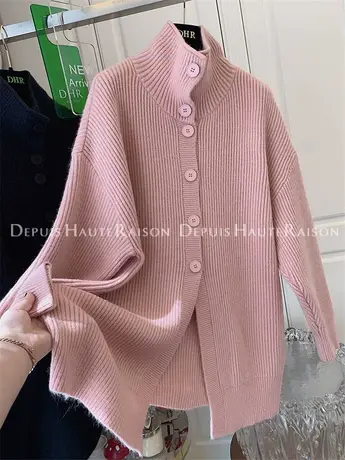 气质立领排扣开叉中长款毛衣外套女针织衫宽松休闲软糯风慵懒风bf商品大图