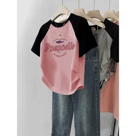 胖mm显瘦夏日多巴胺穿搭上衣插肩袖撞色减龄T恤女ins短款甜辣短袖商品大图