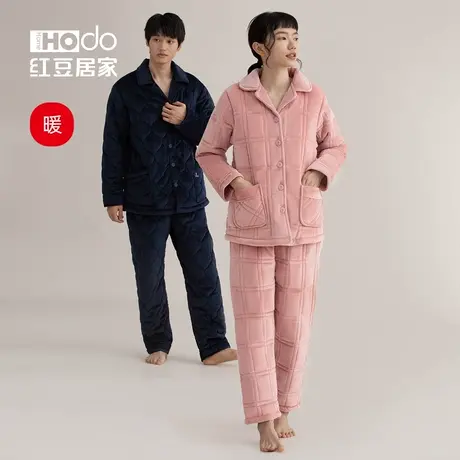 【暖感】红豆夹棉睡衣女珊瑚绒冬季加厚加绒情侣套装保暖家居服男商品大图