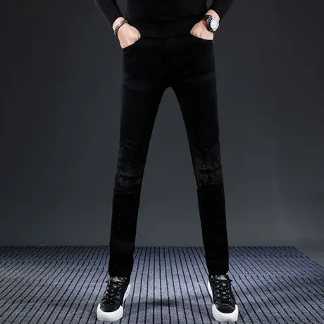 高端牛仔裤男2023秋冬新款纯黑色潮牌修身小脚时尚烫钻休闲裤子男商品大图