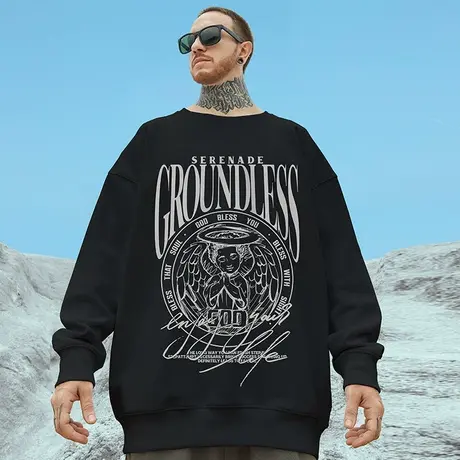 大码无帽美式潮牌胖子男装潮加绒流宽松国潮情侣圆领卫衣男秋冬款商品大图