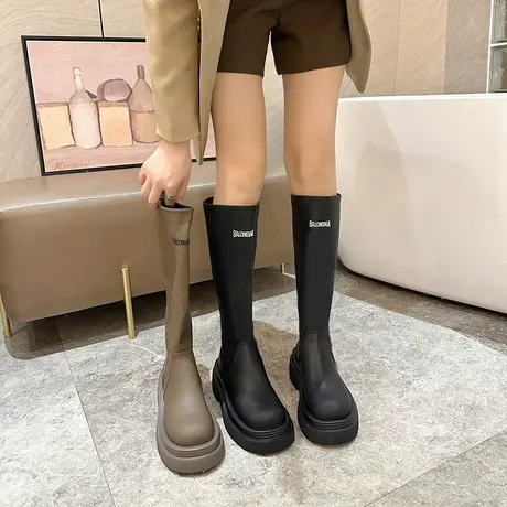 厚底长筒靴女2023年春秋季新款英伦风高级气质瘦瘦靴粗跟高跟短靴图片