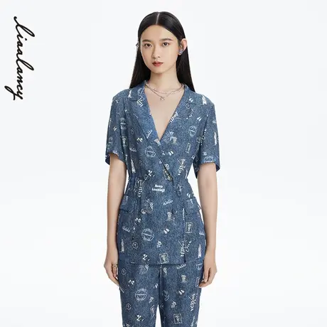 LANCY/俪雅短袖收腰衬衫通勤印花一粒扣夏季印花商场同款奥莱图片