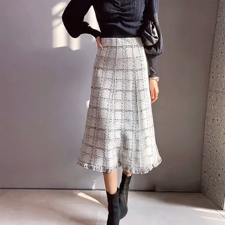 粉红大布娃娃春季气质流苏格子中长款打底半裙高腰显瘦针织裙子图片