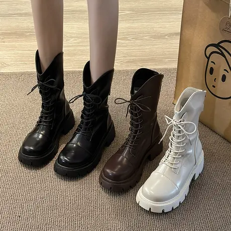 靴子女马丁靴2023新款春秋季英伦风复古显瘦系带厚底粗跟机车短靴商品大图