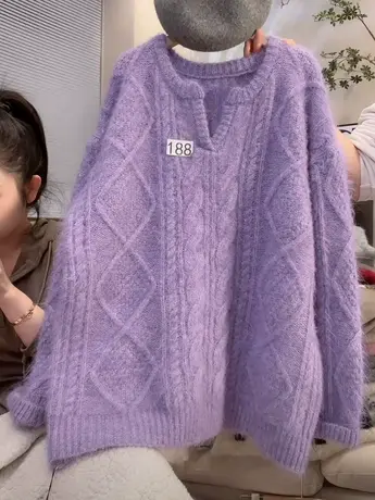 温柔软糯紫色厚毛衣女冬季新款韩版慵懒风宽松纯色针织套头上衣潮图片