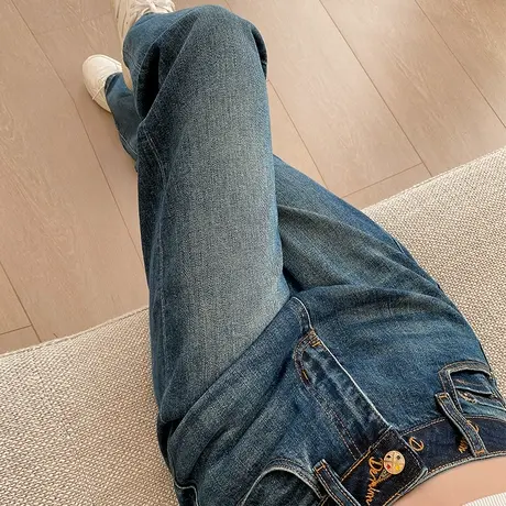 复古窄版阔腿牛仔裤女秋冬2024新款高腰宽松显瘦设计感拖地直筒裤商品大图