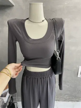 留！磨毛加厚～基础垫肩上衣大U领长袖T恤短款修身显瘦打底衫内搭商品大图