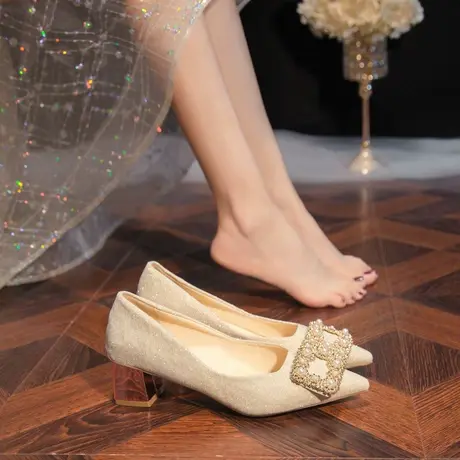 单鞋女2024春秋新款法式小香风水钻高跟鞋粗跟时尚尖头浅口伴娘鞋图片