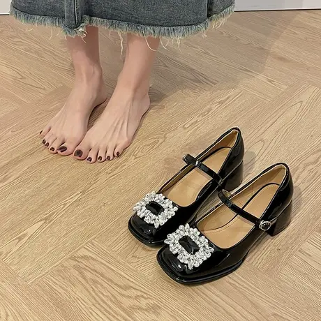 法式玛丽珍女鞋秋冬2024年新款时尚方头浅口单鞋气质高跟小皮鞋潮商品大图