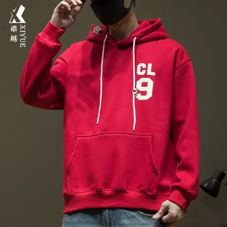 希越2024红色新年连帽套头银狐绒卫衣男冬季新款重磅宽松大码加厚商品大图