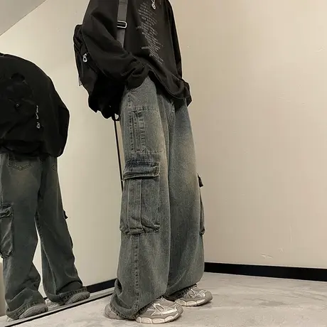 牛仔裤男春秋季新款水洗工装拖地裤ins复古潮流大口袋休闲长裤子图片