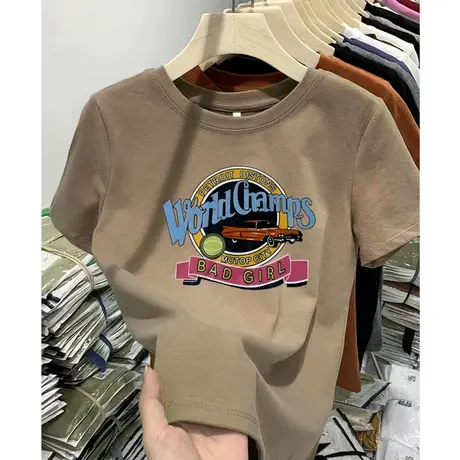 正肩圆领领宽松大码短袖t恤女2023春夏小个子内搭打底衫印花上衣商品大图