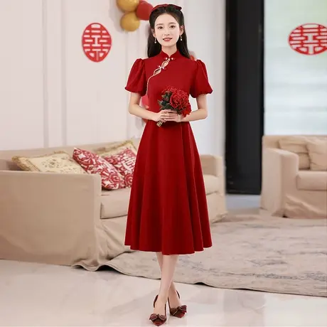 酒红色旗袍敬酒服新娘秋季小个子缎面订婚礼服女法式泡泡袖连衣裙商品大图